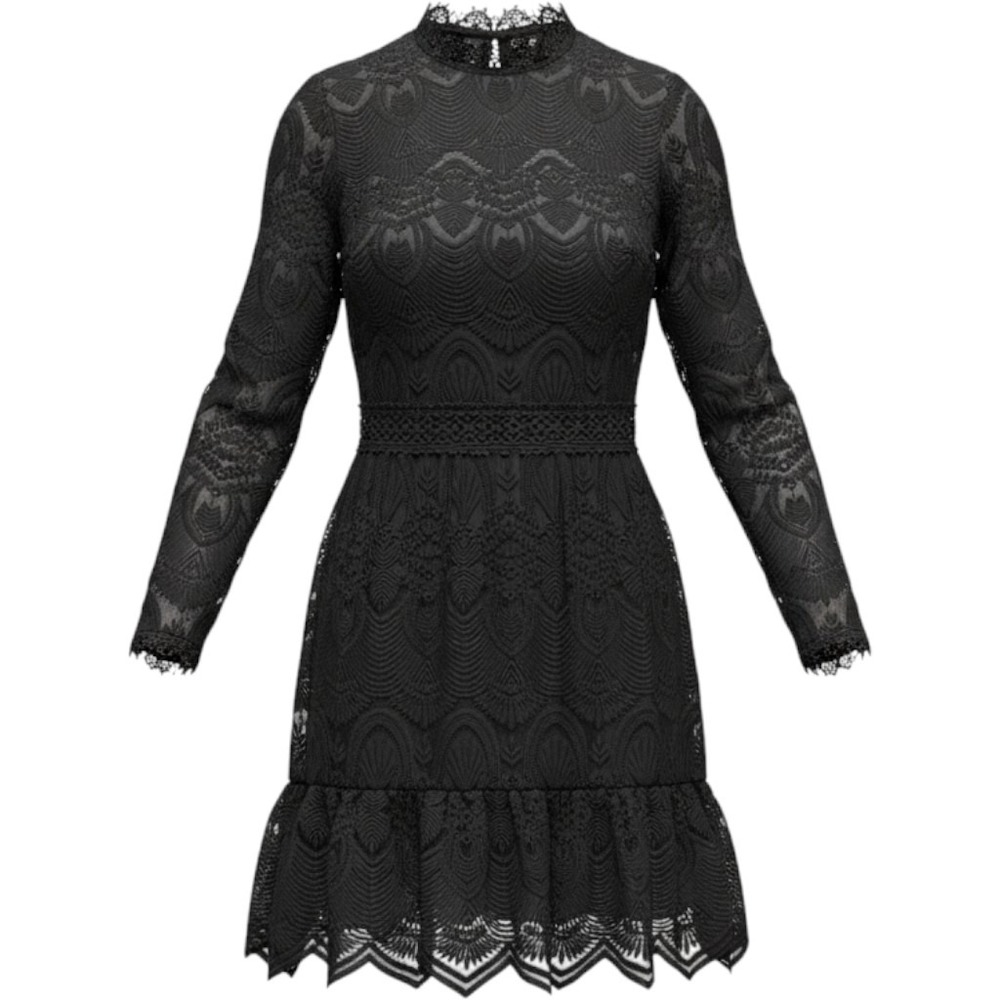 Black Tie Event Lace Cut Out Long Sleeve Mini Dress High Neck Ruffle Hem Sz M